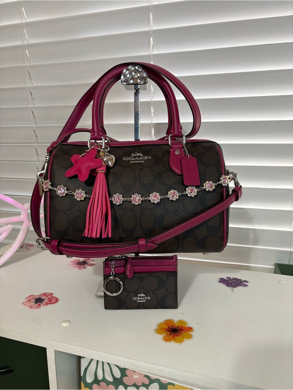 Coach Signature Rowan Satchel Set in Brown with Fuchsia Trim